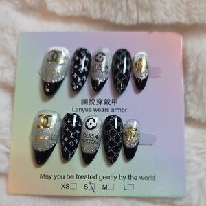 Luxury Black & Silver Designer-Inspired Press-On Nails